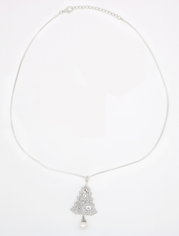 Rhodium Plated Christmas Tree Necklace with Clear Cubic Zirconia Stones