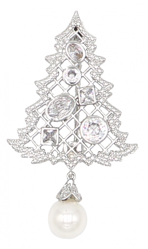 Rhodium Plated Christmas Tree Pin with Clear Cubic Zirconia Stones