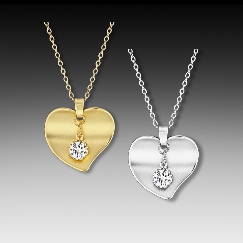 Matte Finish Heart Necklace with Floating Cubic Zirconia Center