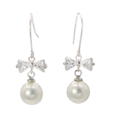 Cubic Zirconia Bow and High Lustre Pearl Drop Earrings
