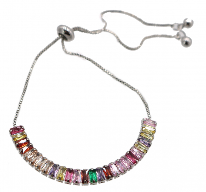 Baguette Cubic Zirconia Adjustable Slide Bracelet, Rainbow