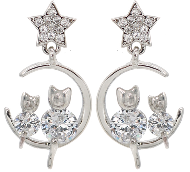 Cubic Zirconia Cats in the Moonlight with Pave Star Post Top
