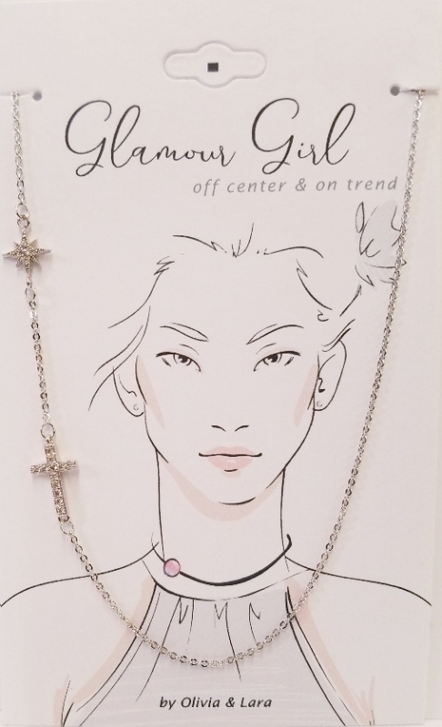Off Center CZ Cross and Starburst Choker Necklace