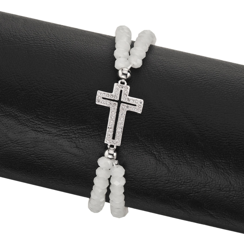 Double Row All Pave Cross on Frosted Crystal Stretch Bracelet