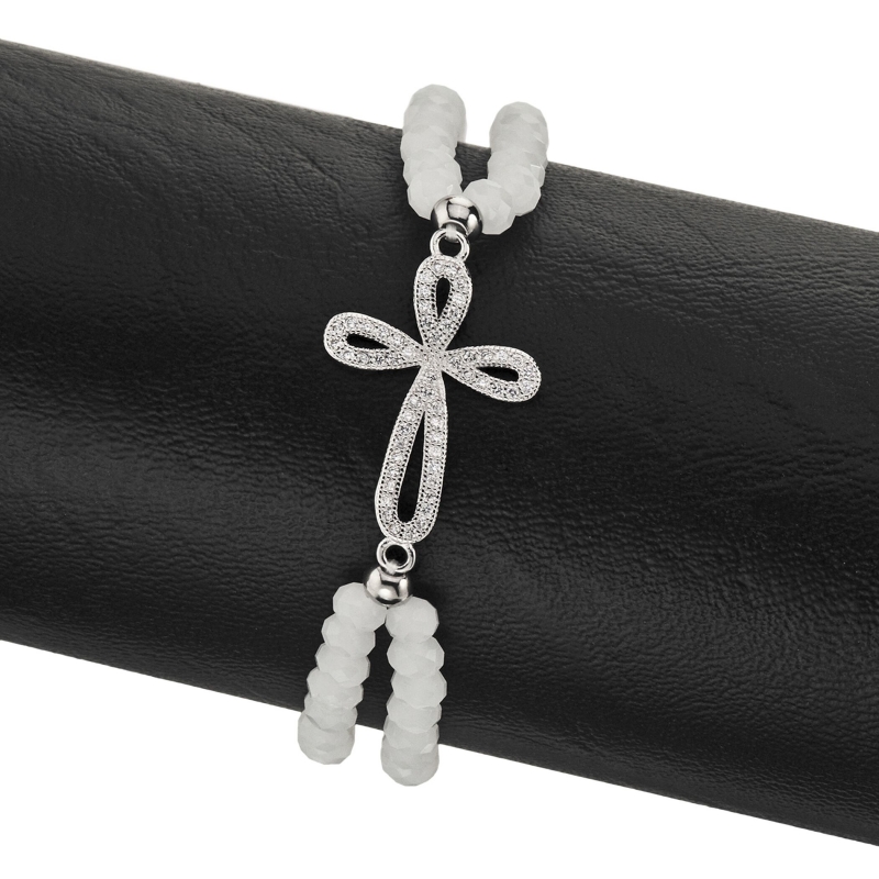 Elliptical CZ Pave Cross on Frosted Crystal Stretch Bracelet