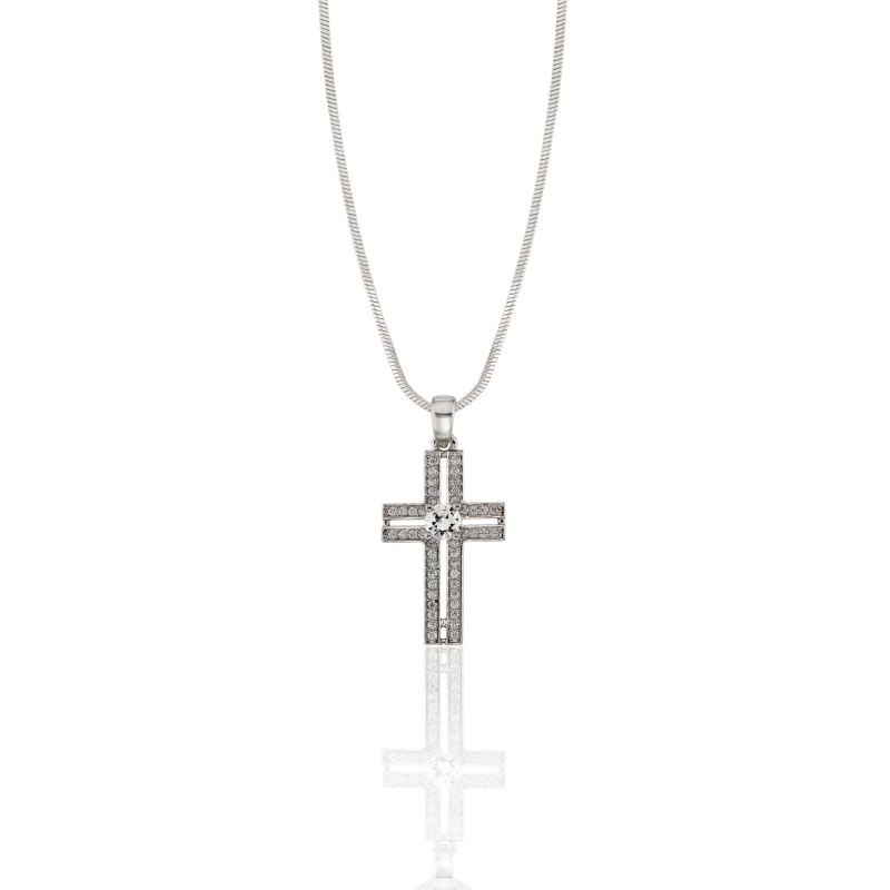 All CZ Pave Double Row Cross Necklace