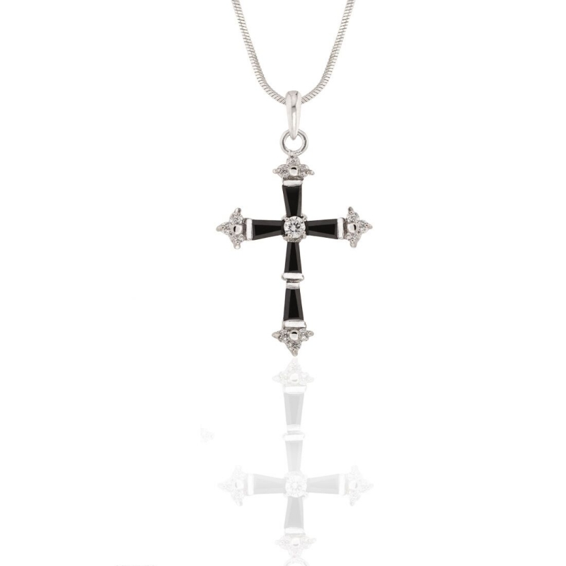 Baroque CZ Cross Necklace Black and Clear