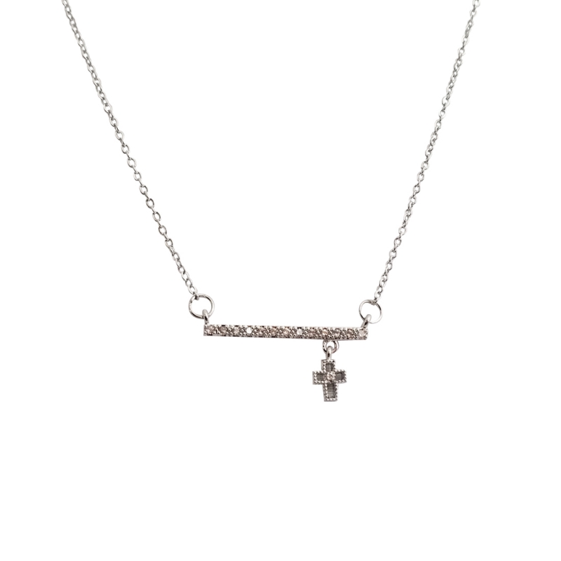 CZ Bar with Dangling CZ Accented Cross Necklace