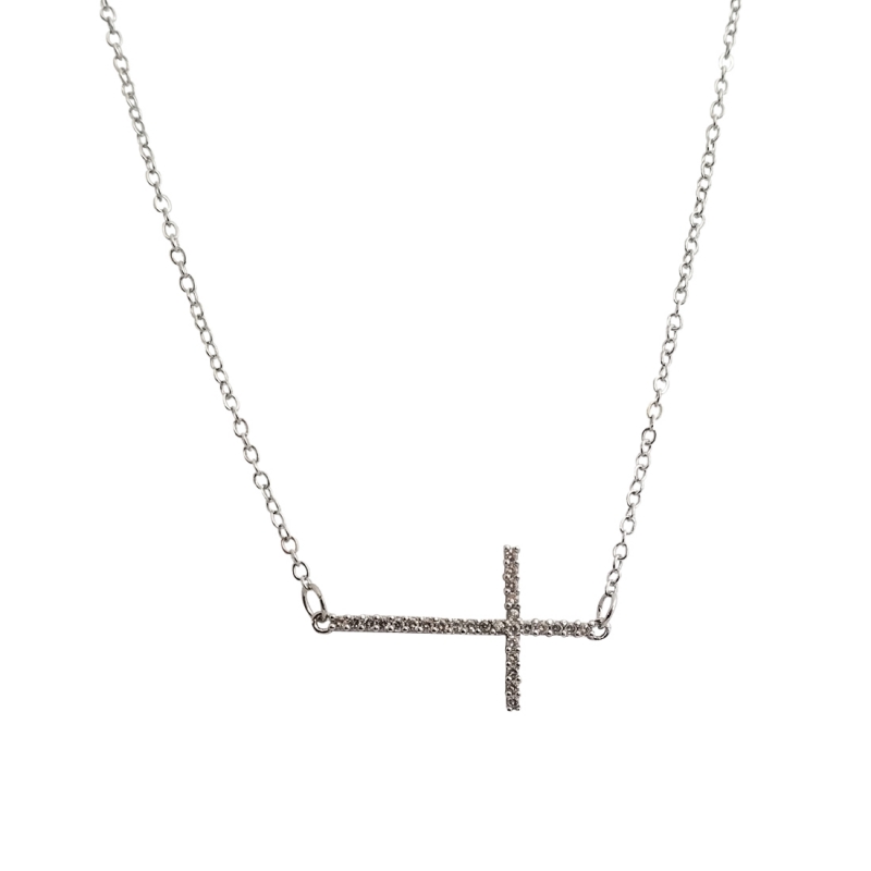 All CZ Sideways Cross Necklace