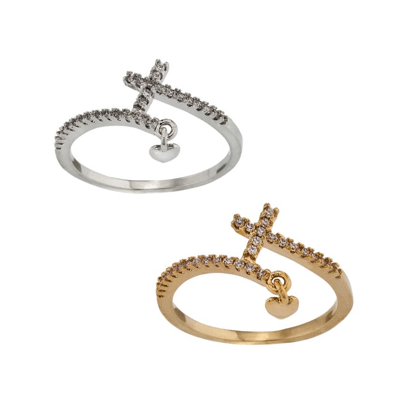 Cubic Zirconia Cross Ring with Mini Dangling Heart