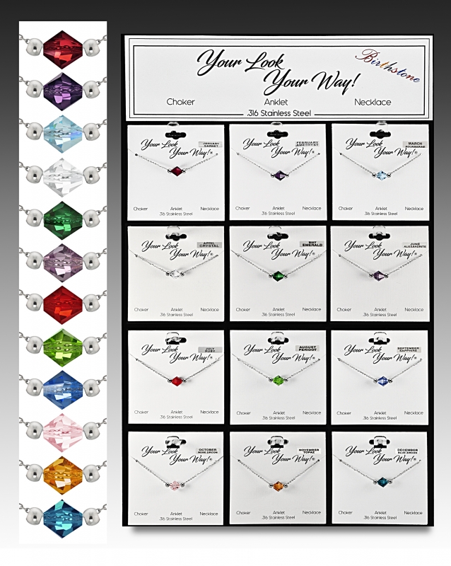 36 pc Stainless Steel Chain with European Crystal Birthstone Bead Display
