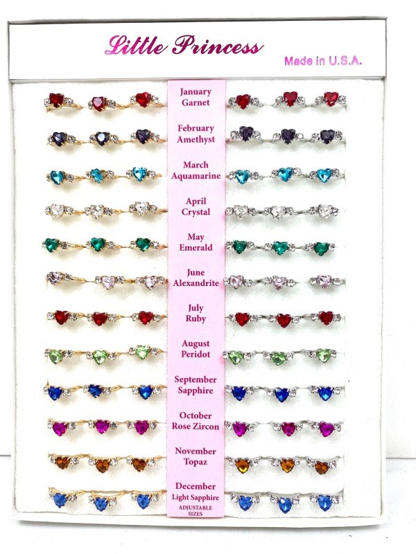 72 pc Children's Birthstone Heart Shaped Ring Display