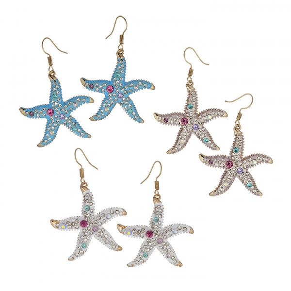 Large Epoxy and Austrian Crystal Starfish Earrings