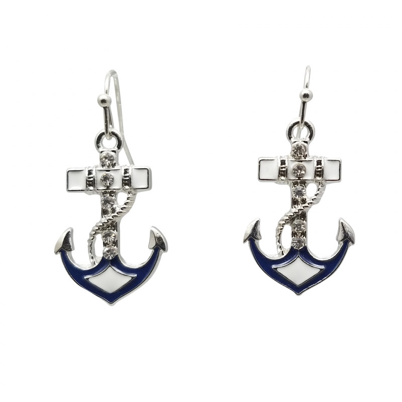 Fish Hook Blue and White Crystal Anchor Earrings
