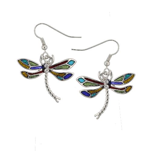 Multi-Color Epoxy and Crystal Dragonfly Dangle Earrings