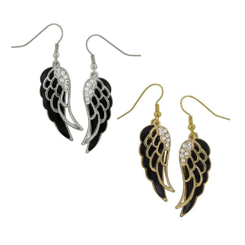 Angel Wings Earrings with Black Epoxy and Crystal Stone Accents