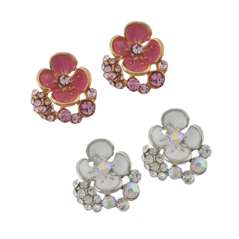 Pink and White Flower Studs with Epoxy and Crystal Stones