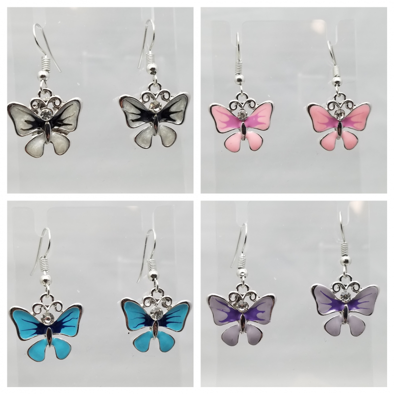 Epoxy Butterfly Dangle Earrings with Crystal Accent