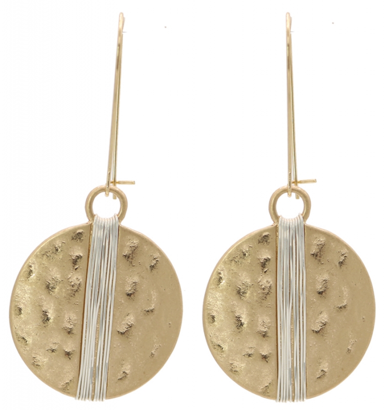 Hammered Worn Gold Disk Wrapped with Silver Wire Earrings