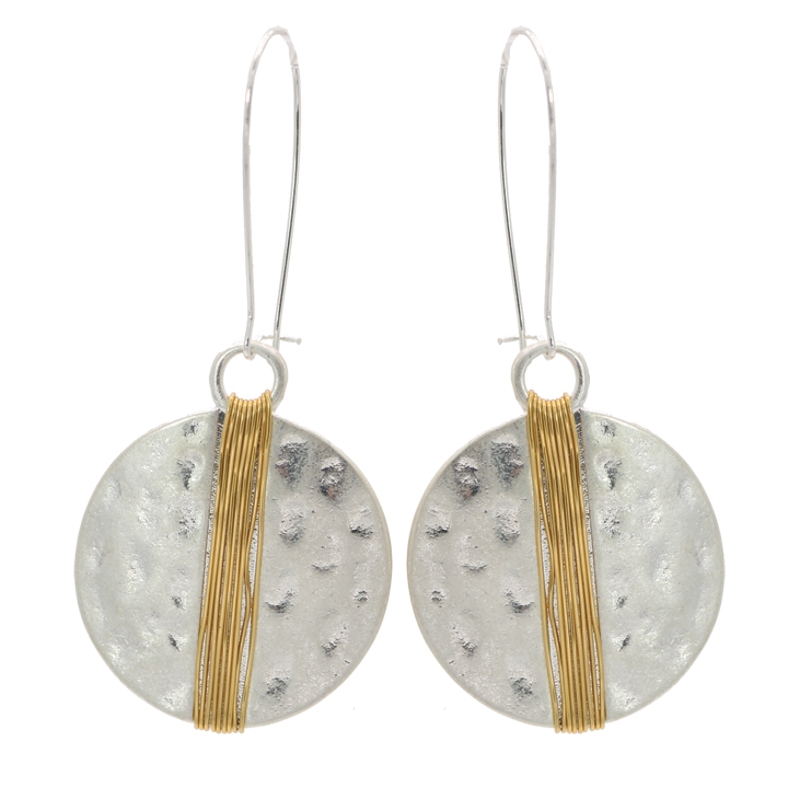 Hammered Worn Silver Disk Wrapped with Gold Wire Earrings