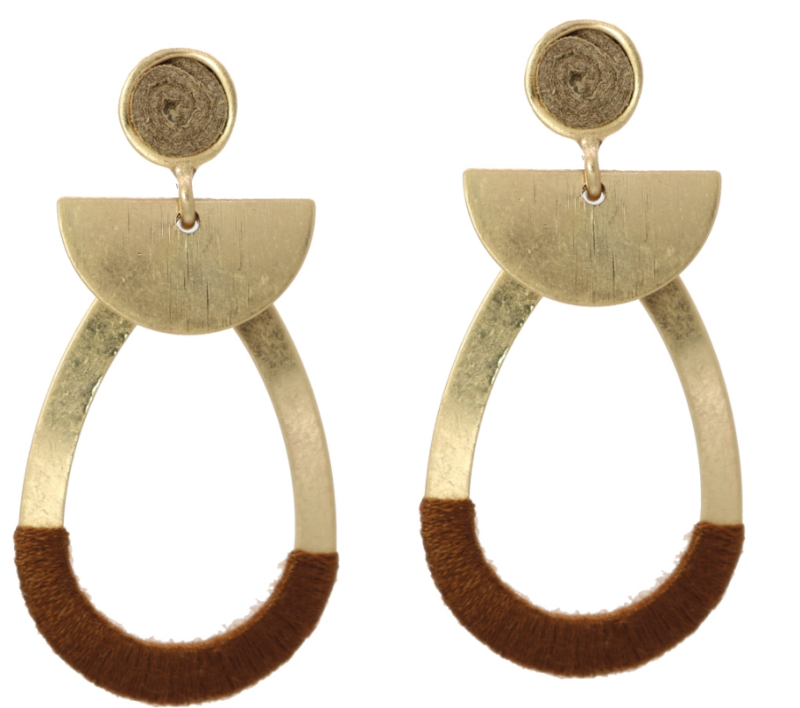 Worn Gold Brass Drop Earring Wrapped with Brown Thread