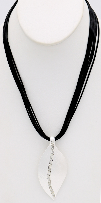 Matte Pave Accented Leaf Pendant Multi Cord Necklace