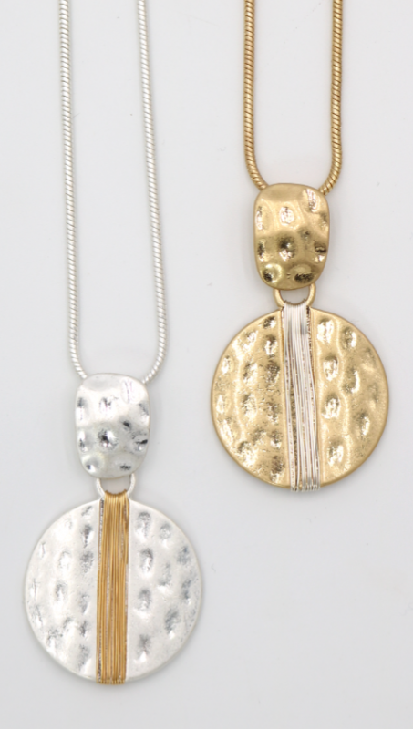 Hammered Pendant Wrapped with Contrasting Color Metal Wire